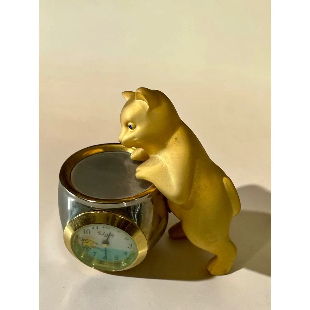 Elgin Miniature Desk Clock Cat and Fishbowl Figurine Gold Silver Tone Quartz